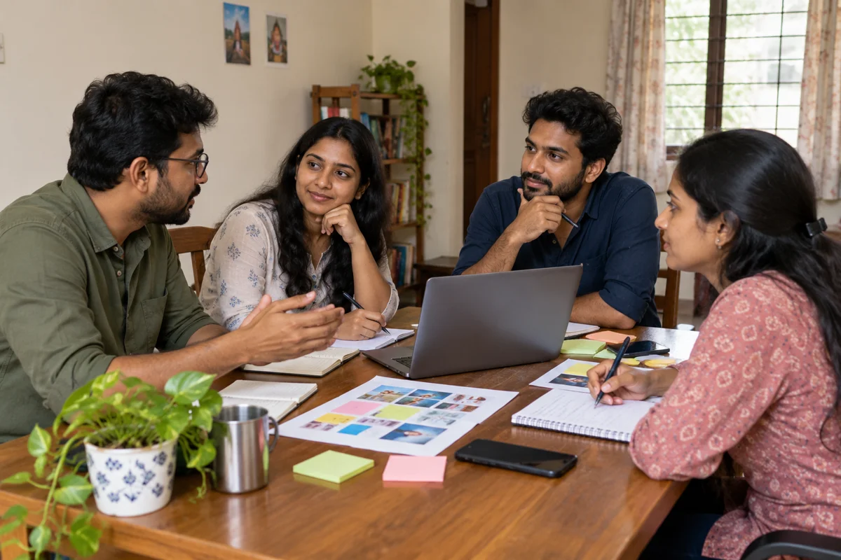 Illustrative marketing team meeting in a modest house-based workspace