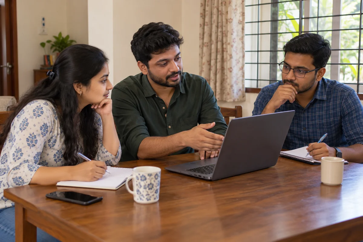 Illustrative small-group product demonstration training in a house-based workspace