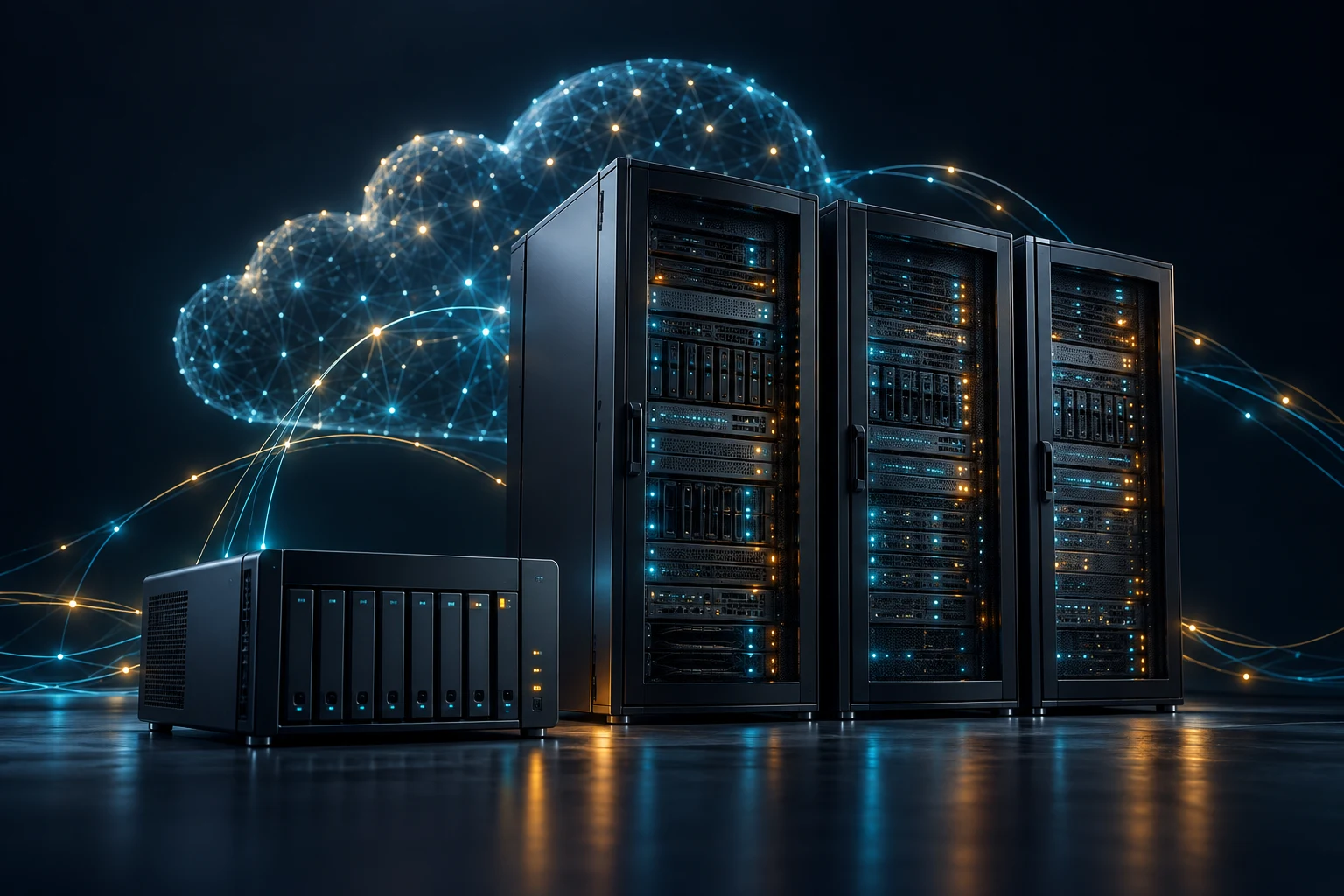 Concept illustration of cloud-connected server racks and a local storage appliance