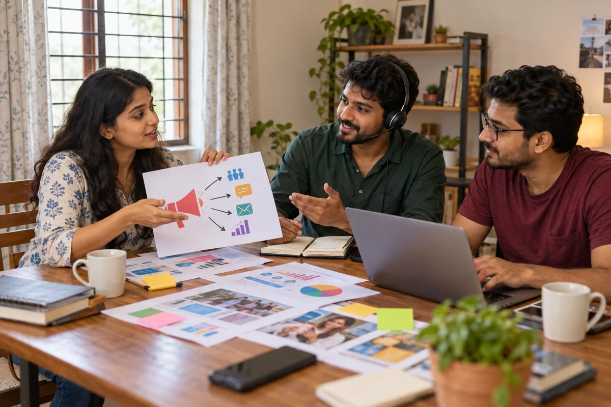 Illustrative marketing team planning outreach in a modest house-based workspace